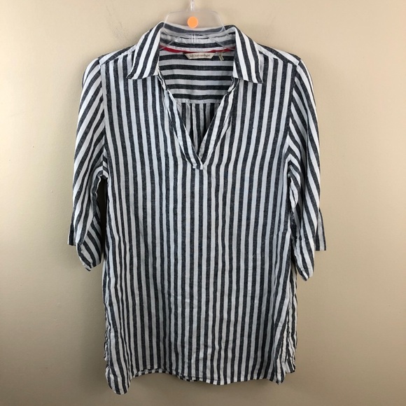 Soft Surroundings Top Womens PM Black White 100% Linen Tunic Pullover Collared - Picture 2 of 8
